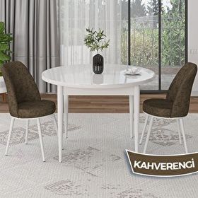 Canisa Tor Serisi Yuvarlak Beyaz Mutfak Masası Takımı ve 2 Kahverengi Sandalye