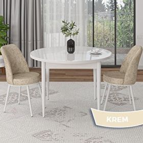 Canisa Tor Serisi Yuvarlak Beyaz Mutfak Masası Takımı ve 2 Krem Sandalye