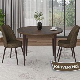 Canisa Tor Serisi Yuvarlak Mutfak Masa Takımı Barok Ahşap Desen Masa ve 2 Kahverengi Sandalye