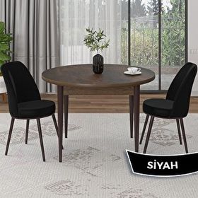 Canisa Tor Serisi Yuvarlak Mutfak Masa Takımı Barok Ahşap Desen Masa ve 2 Siyah Sandalye