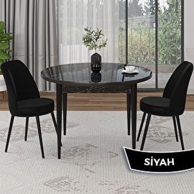 Canisa Tor Serisi Yuvarlak Mutfak Masa Takımı Siyah Mermer Desen Masa ve 2 Siyah Sandalye