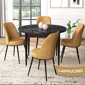 Canisa Tor Serisi Yuvarlak Mutfak Masa Takımı Siyah Mermer Desen Masa ve 4 Cappucino Sandalye