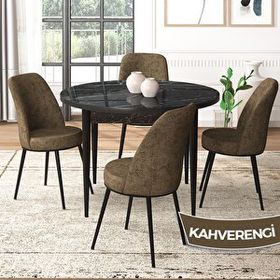 Canisa Tor Serisi Yuvarlak Mutfak Masa Takımı Siyah Mermer Desen Masa ve 4 Kahverengi Sandalye