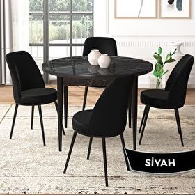 Canisa Tor Serisi Yuvarlak Mutfak Masa Takımı Siyah Mermer Desen Masa ve 4 Siyah Sandalye
