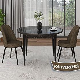 Canisa Tor Serisi Yuvarlak Siyah Mermer Desen Mutfak Masası Takımı ve 2 Kahverengi Sandalye