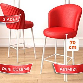 Canisa Uras Serisi 2 Adet Kırmızı Deri Ada Beyaz Metal Ayaklı Bar Sandalyesi