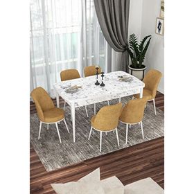 Canisa Via Serisi Beyaz Mermer Desen Masa 80x132 cm Açılabilir 6 Sandalye Cappucino Mutfak Masa Takımı