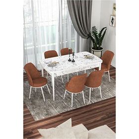 Canisa Via Serisi Beyaz Mermer Desen Masa 80x132 cm Açılabilir 6 Sandalye Kiremit Mutfak Masa Takımı