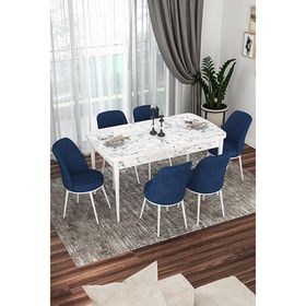 Canisa Via Serisi Beyaz Mermer Desen Masa 80x132 cm Açılabilir 6 Sandalye Lacivert Mutfak Masa Takımı