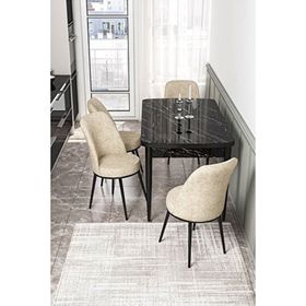 Canisa Via Serisi Siyah Mermer Desen Masa 80x132 cm Açılabilir 4 Sandalye Krem Mutfak Masa Takımı