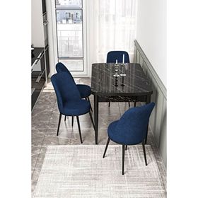 Canisa Via Serisi Siyah Mermer Desen Masa 80x132 cm Açılabilir 4 Sandalye Lacivert Mutfak Masa Takımı