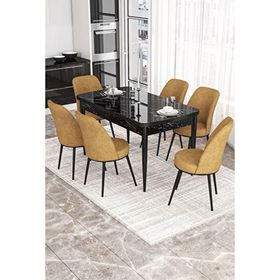 Canisa Via Serisi Siyah Mermer Desen Masa 80x132 cm Açılabilir 6 Sandalye Cappucino Mutfak Masa Takımı