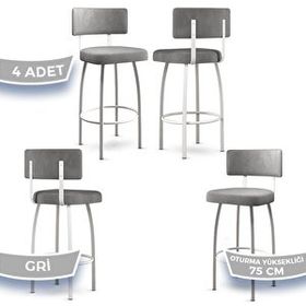 Canisa Wosa Serisi 4 Adet Gri 1. Sınıf Babyface Kumaş Beyaz Metal Ayaklı Bar Sandalyesi