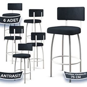 Canisa Wosa Serisi 6 Adet Antrasit 1. Sınıf Babyface Kumaş Beyaz Metal Ayaklı Bar Sandalyesi