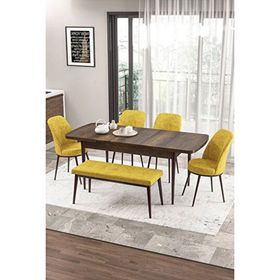 Canisa Zen Serisi Barok Ahşap Desen MDF 80x132 cm Açılabilir 4 Sandalye 1 Pera Bench Hardal Mutfak Masa Takımı