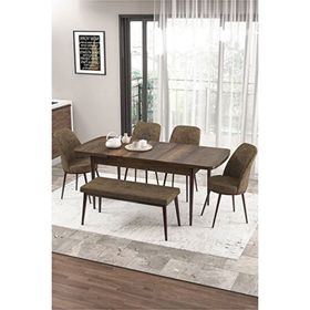 Canisa Zen Serisi Barok Ahşap Desen MDF 80x132 cm Açılabilir 4 Sandalye 1 Pera Bench Kahverengi Mutfak Masa Takımı
