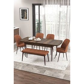 Canisa Zen Serisi Barok Ahşap Desen MDF 80x132 cm Açılabilir 4 Sandalye 1 Pera Bench Kiremit Mutfak Masa Takımı