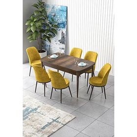 Canisa Zen Serisi Barok Ahşap Desen MDF 80x132 cm Açılabilir 6 Sandalye Hardal Mutfak Masa Takımı