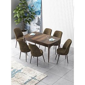 Canisa Zen Serisi Barok Ahşap Desen MDF 80x132 cm Açılabilir 6 Sandalye Kahverengi Mutfak Masa Takımı
