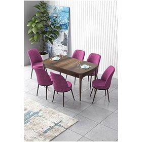 Canisa Zen Serisi Barok Ahşap Desen MDF 80x132 cm Açılabilir 6 Sandalye Mor Mutfak Masa Takımı