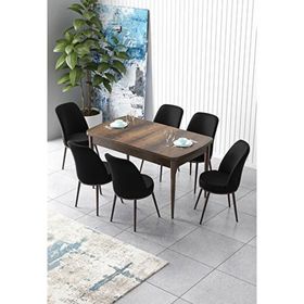 Canisa Zen Serisi Barok Ahşap Desen MDF 80x132 cm Açılabilir 6 Sandalye Siyah Mutfak Masa Takımı