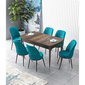 Canisa Zen Serisi Barok Ahşap Desen MDF 80x132 cm Açılabilir 6 Sandalye Turkuaz Mutfak Masa Takımı