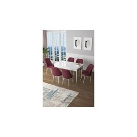 Canisa Zen Serisi Beyaz Masa MDF 80x132 cm Açılabilir 6 Sandalye Bordo Mutfak Masa Takımı