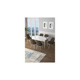 Canisa Zen Serisi Beyaz Masa MDF 80x132 cm Açılabilir 6 Sandalye Kahverengi Mutfak Masa Takımı