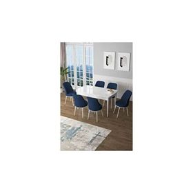 Canisa Zen Serisi Beyaz Masa MDF 80x132 cm Açılabilir 6 Sandalye Lacivert Mutfak Masa Takımı