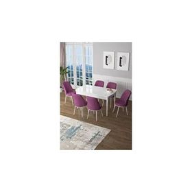 Canisa Zen Serisi Beyaz Masa MDF 80x132 cm Açılabilir 6 Sandalye Mor Mutfak Masa Takımı