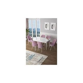 Canisa Zen Serisi Beyaz Masa MDF 80x132 cm Açılabilir 6 Sandalye Pembe Mutfak Masa Takımı
