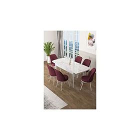 Canisa Zen Serisi Beyaz Mermer Desen MDF 80x132 cm Açılabilir 6 Sandalye Bordo Mutfak Masa Takımı