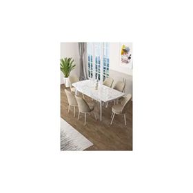 Canisa Zen Serisi Beyaz Mermer Desen MDF 80x132 cm Açılabilir 6 Sandalye Krem Mutfak Masa Takımı