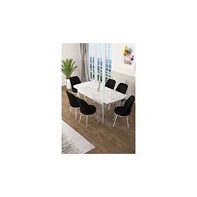 Canisa Zen Serisi Beyaz Mermer Desen MDF 80x132 cm Açılabilir 6 Sandalye Siyah Mutfak Masa Takımı