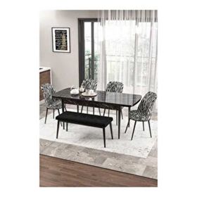 Canisa Zen Serisi Siyah Mermer Desen MDF 80x132 Açılabilir Mutfak Masası Takımı 4 Zebra Desen Sandalye 1 Siyah Bench
