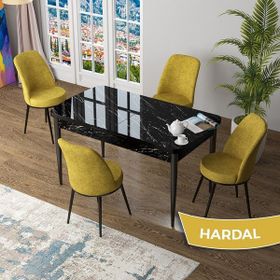 Canisa Zen Serisi Siyah Mermer Desen MDF 80x132 Açılabilir Mutfak Masası Takımı Hardal 4 Sandalye