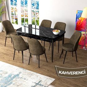Canisa Zen Serisi Siyah Mermer Desen MDF 80x132 Açılabilir Mutfak Masası Takımı Kahverengi 6 Sandalye