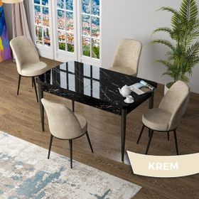 Canisa Zen Serisi Siyah Mermer Desen MDF 80x132 Açılabilir Mutfak Masası Takımı Krem 4 Sandalye