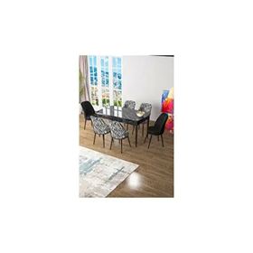 Canisa Zen Serisi Siyah Mermer Desen MDF 80x132 cm Açılabilir 2 Siyah 4 Zebra Desen Sandalye Mutfak Masa Takımı