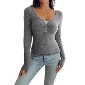Canli4Y Henley Slim Fit Gri Uzun Kollu V Yaka Kadın T-shirt