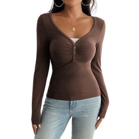 Canli4Y Henley Slim Fit Kahverengi Uzun Kollu V Yaka Kadın T-shirt