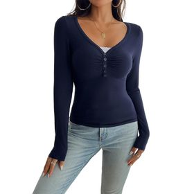 Canli4Y Henley Slim Fit Mavi Marineblau Y2K Uzun Kollu V Yaka Kadın T-shirt