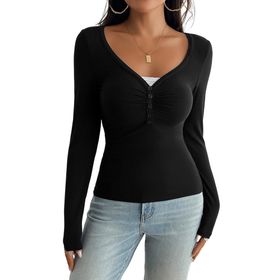 Canli4Y Henley Slim Fit Siyah Y2K Uzun Kollu V Yaka Kadın T-shirt