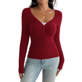 Canli4Y Henley Slim Fit Weinrot Y2K Uzun Kollu V Yaka Kadın T-shirt