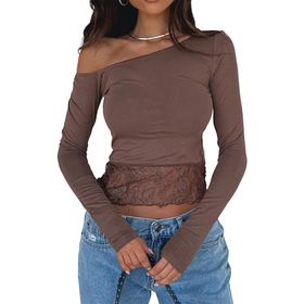 Canli4Y Slim Fit Kahverengi Y2K Üst Kısım Şık Çapraz Omuz Uzun Kollu Kadın Bluz