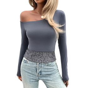 Canli4Y Slim Fit Koyu Gri Y2K Üst Kısım Şık Çapraz Omuz Uzun Kollu Kadın Bluz