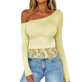 Canli4Y Slim Fit Sarı Y2K Üst Kısım Şık Çapraz Omuz Uzun Kollu Kadın Bluz