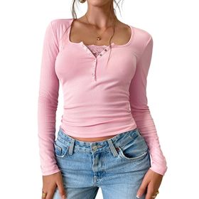 Canli4Y Y2K Lace Patchwork Vintage Sweet Slim Fit Tops Clothes Pembe Uzun Kollu Henley Kadın T-shirt