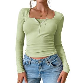 Canli4Y Y2K Lace Patchwork Vintage Sweet Slim Fit Tops Clothes Yeşil Uzun Kollu Henley Kadın T-shirt