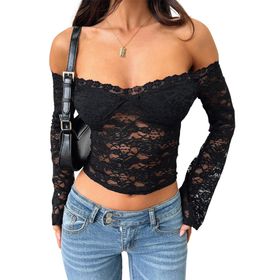 Canli4Y Y2K Slim Top Siyah Omzu Açık Dantelli Kadın T-shirt